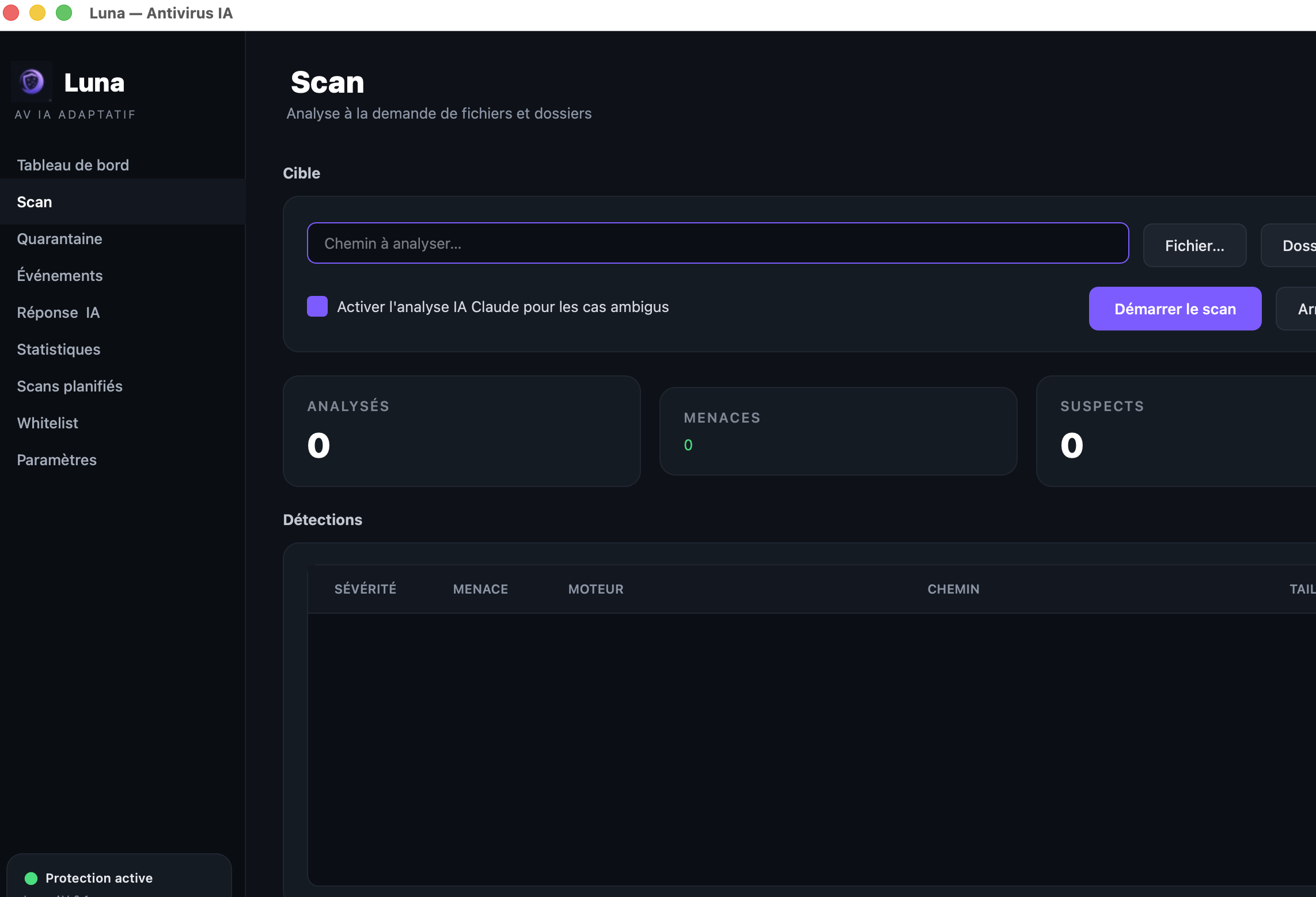 Écran de scan Luna avec option d'analyse Claude