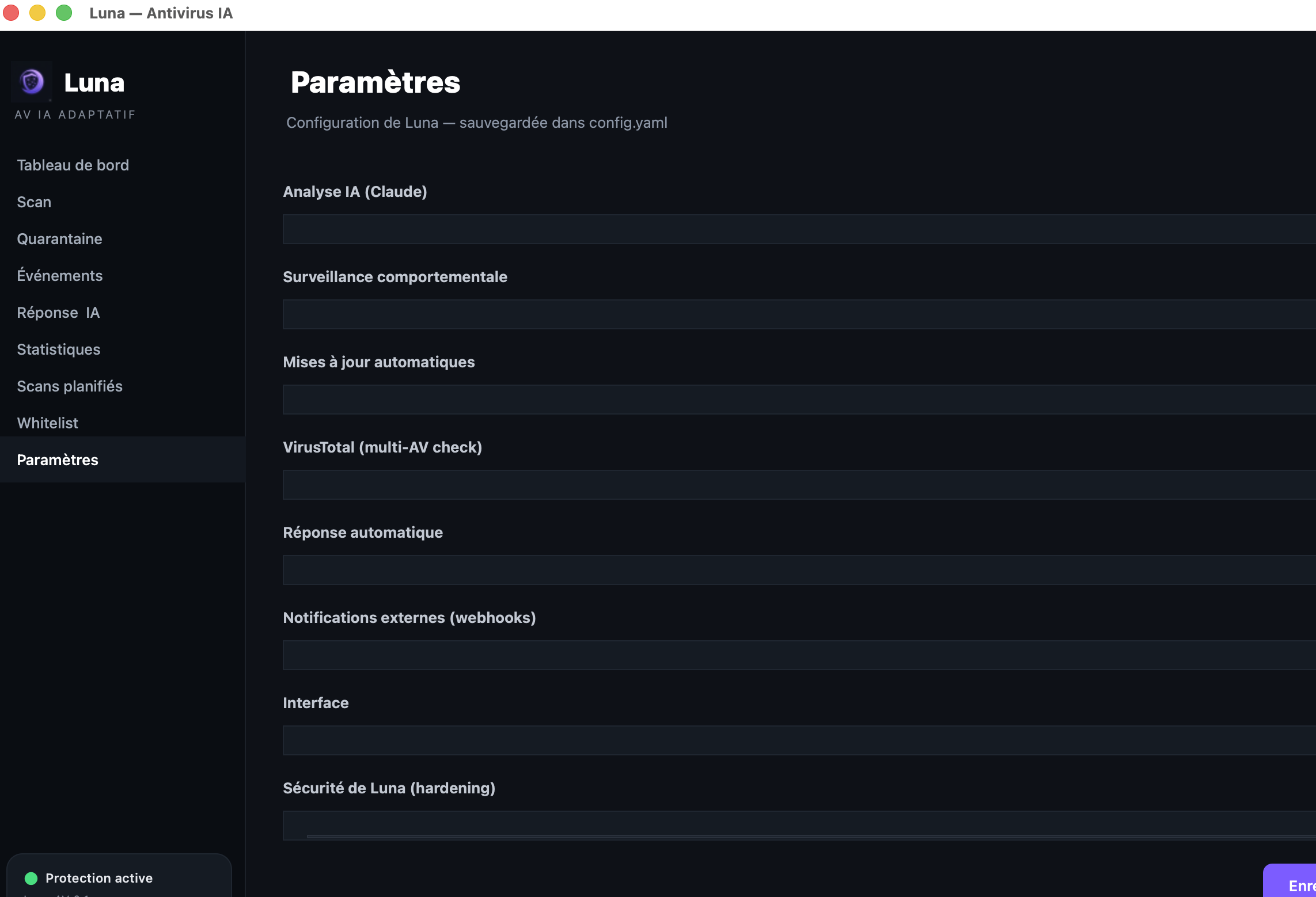 Paramètres Luna avec configuration YAML