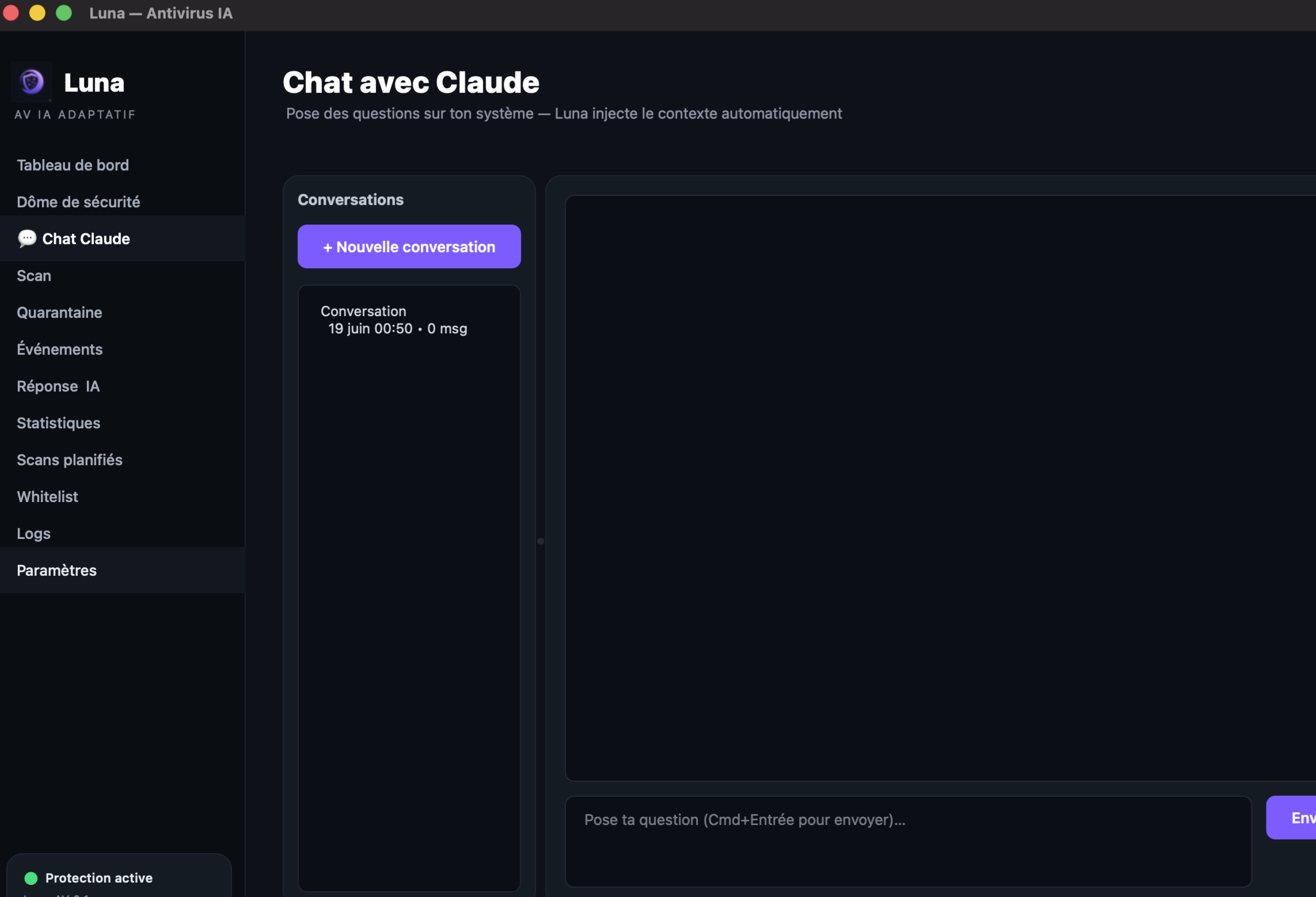 Page Chat Claude de Luna avec liste de conversations