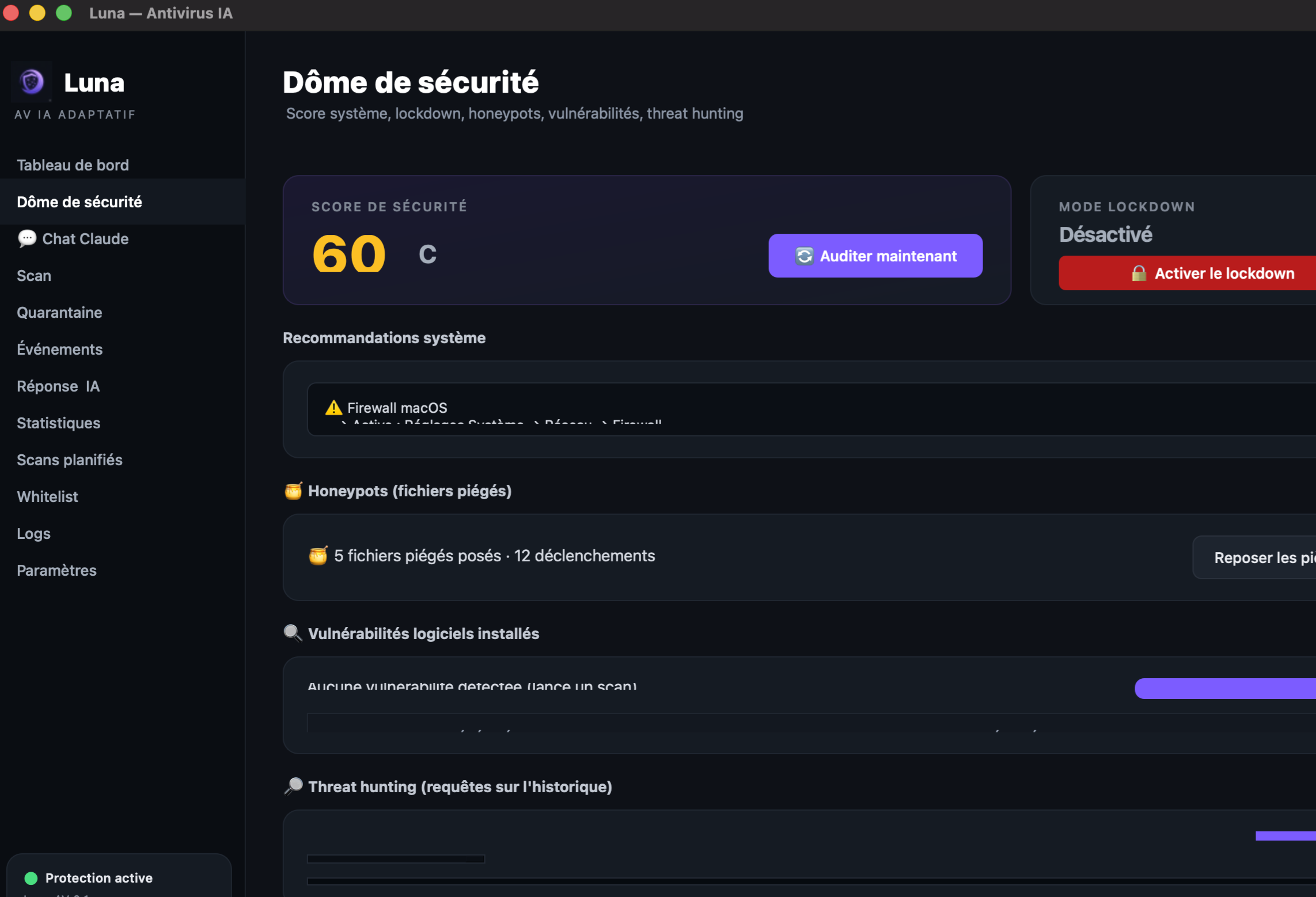 Dôme de sécurité Luna avec score, lockdown et honeypots